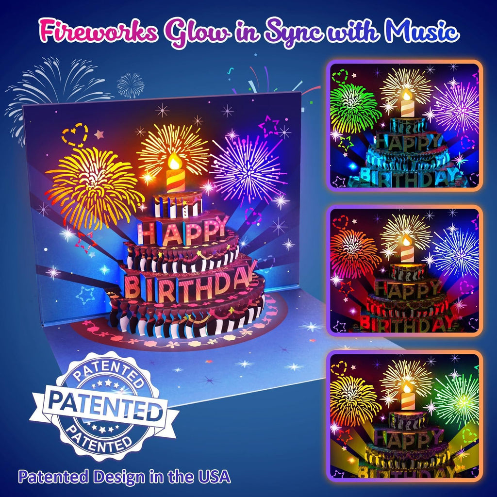 Fireworks Pop Up Cake Light and Music Happy Birthday Card Gift