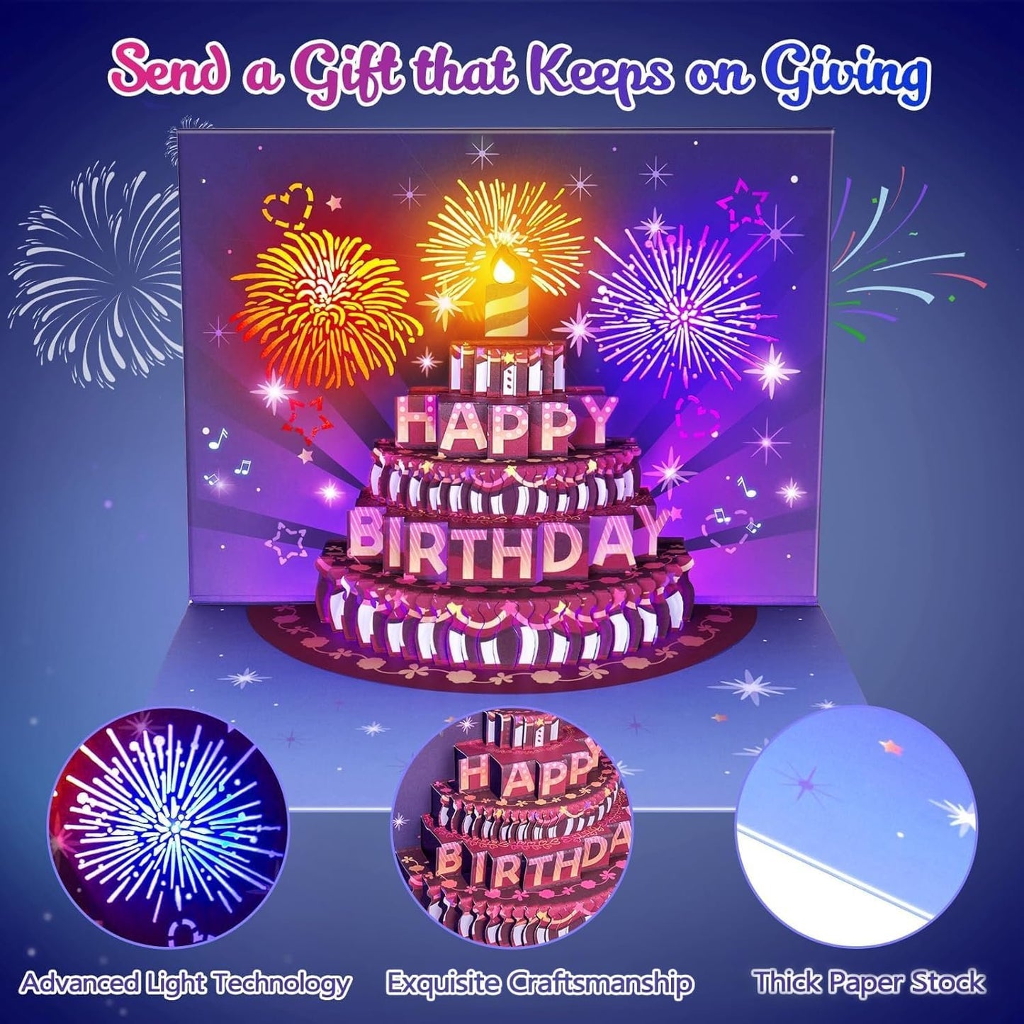Fireworks Pop Up Cake Light and Music Happy Birthday Card Gift